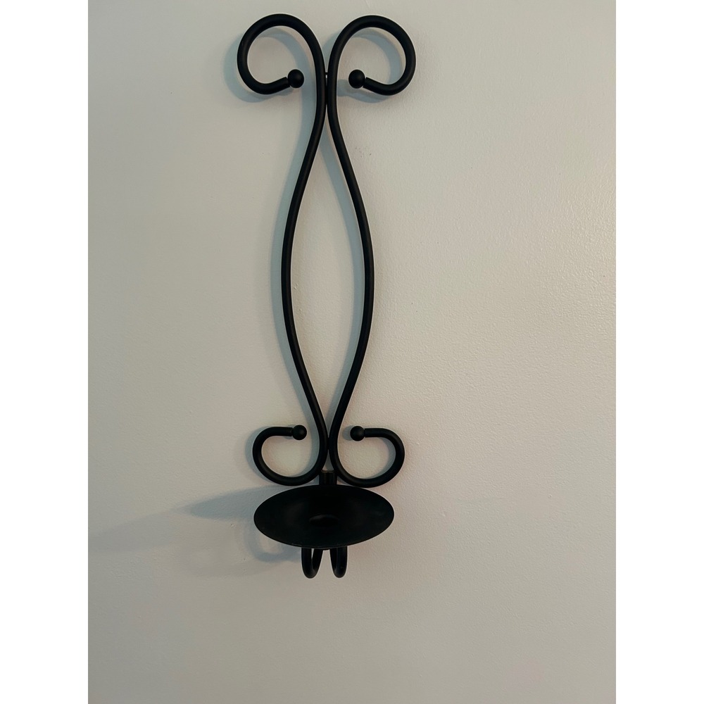 Vintage Wrought Iron Wall Sconce Pair Matte Black Scrollwork Candle Holder
